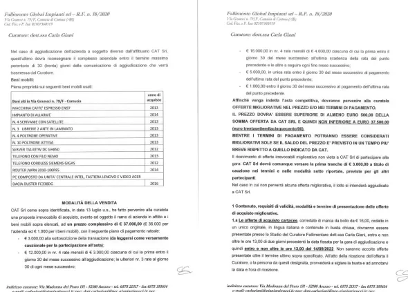 Cessione ramo d'azienda fall. 18/2020 Trib. Arezzo