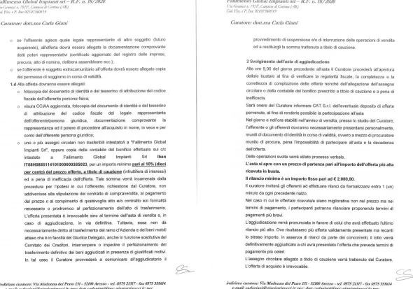 Cessione ramo d'azienda fall. 18/2020 Trib. Arezzo