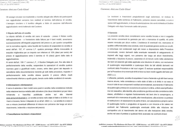 Cessione ramo d'azienda fall. 18/2020 Trib. Arezzo