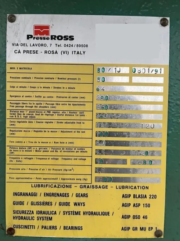 7#8297 Pressa Ross 80 Ton