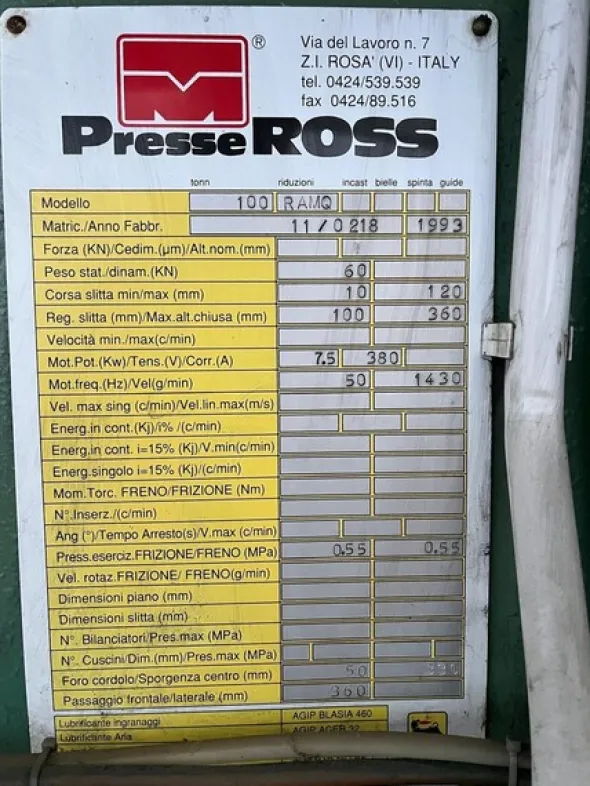 6#8297 Pressa Ross 100 Ton con avanzamento automatico Micromel